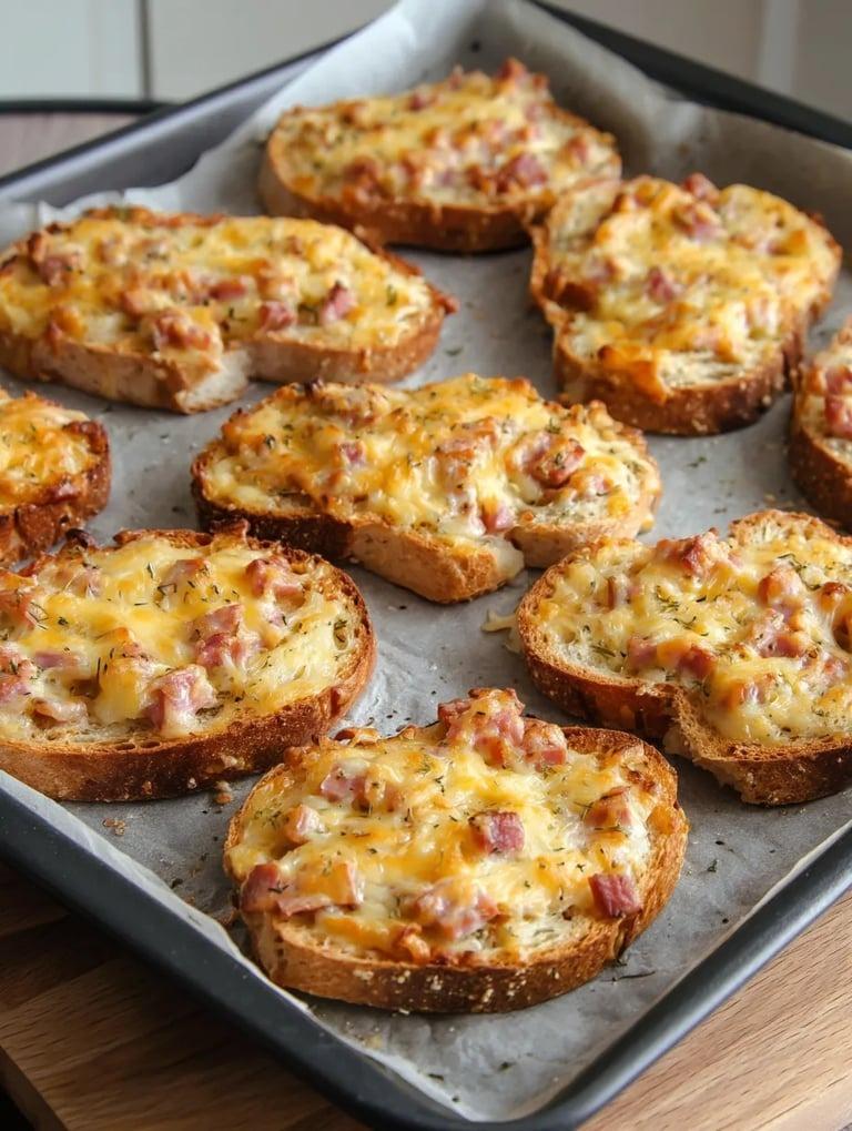 A tray of bread with cheese on top.