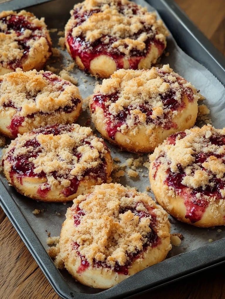 A pan of pastries with berries on top.