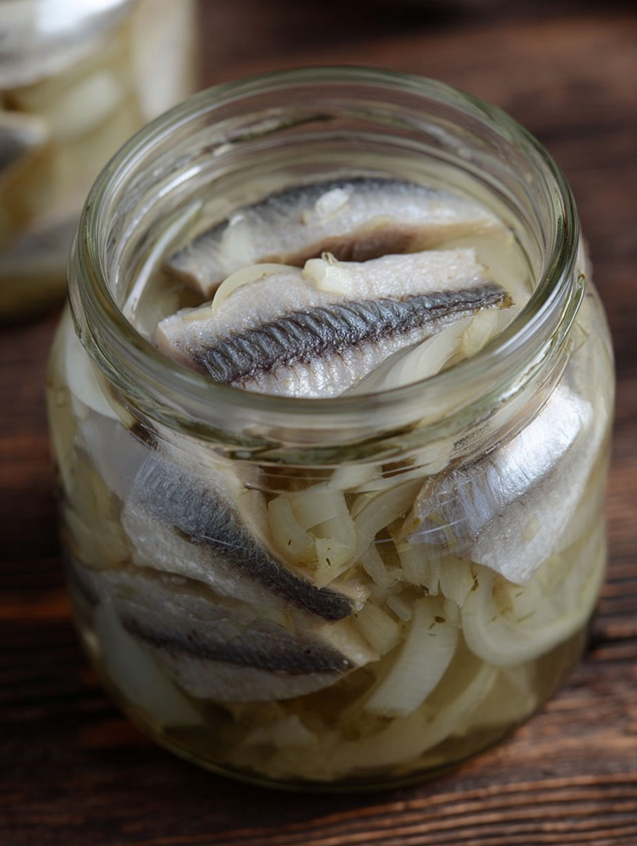 A jar of fish with onions.