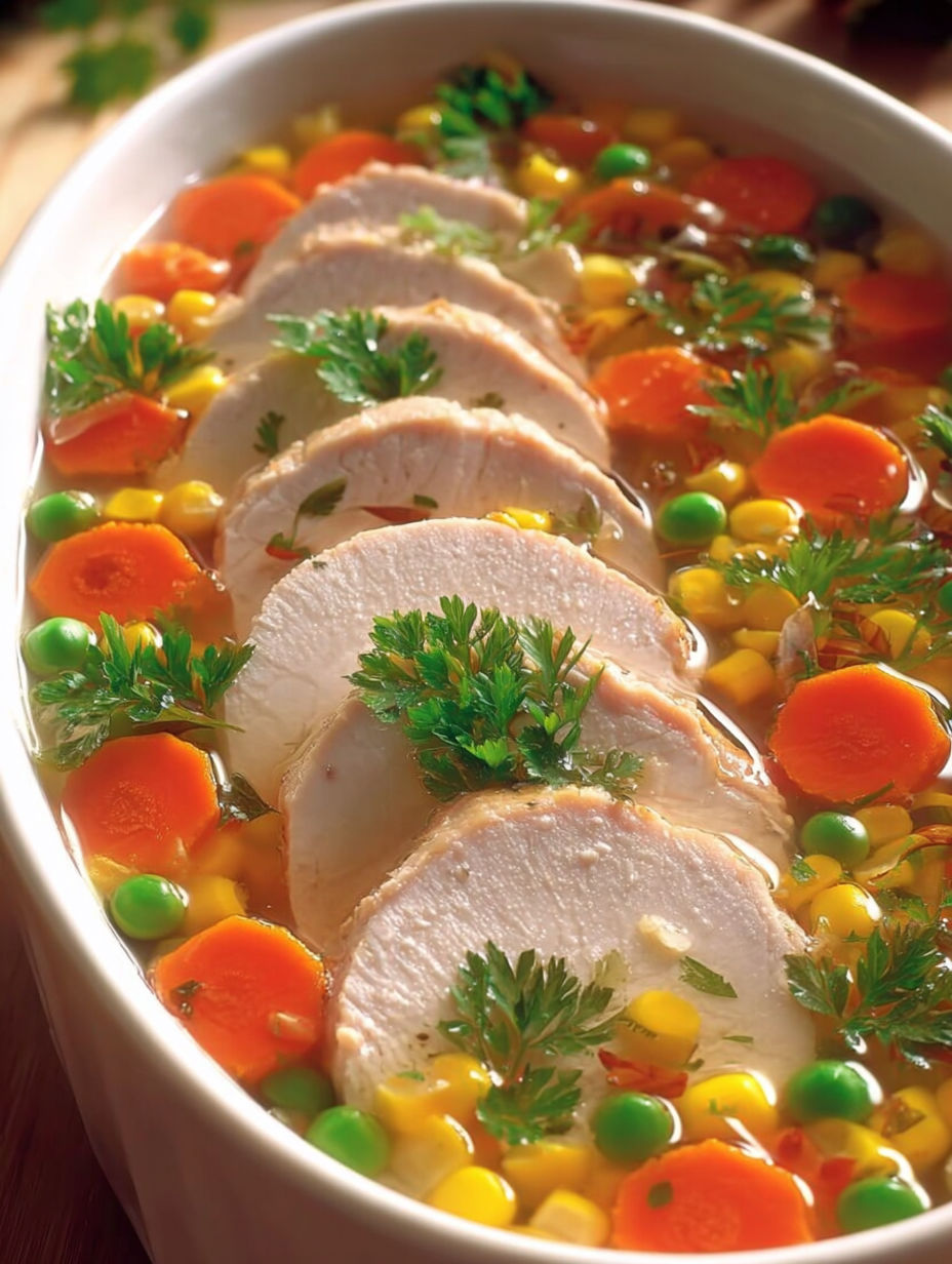 A bowl of soup with chicken and vegetables.