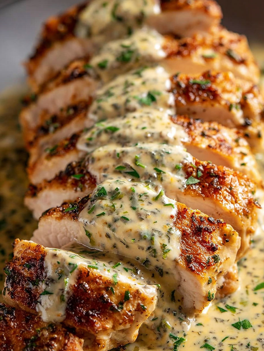 A piece of chicken in a creamy sauce.