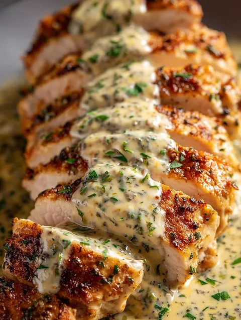 A piece of chicken in a creamy sauce.