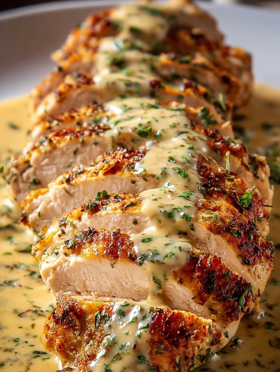 Sliced chicken in a creamy sauce.
