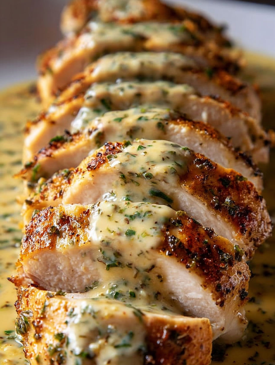 Sliced chicken in a creamy sauce.