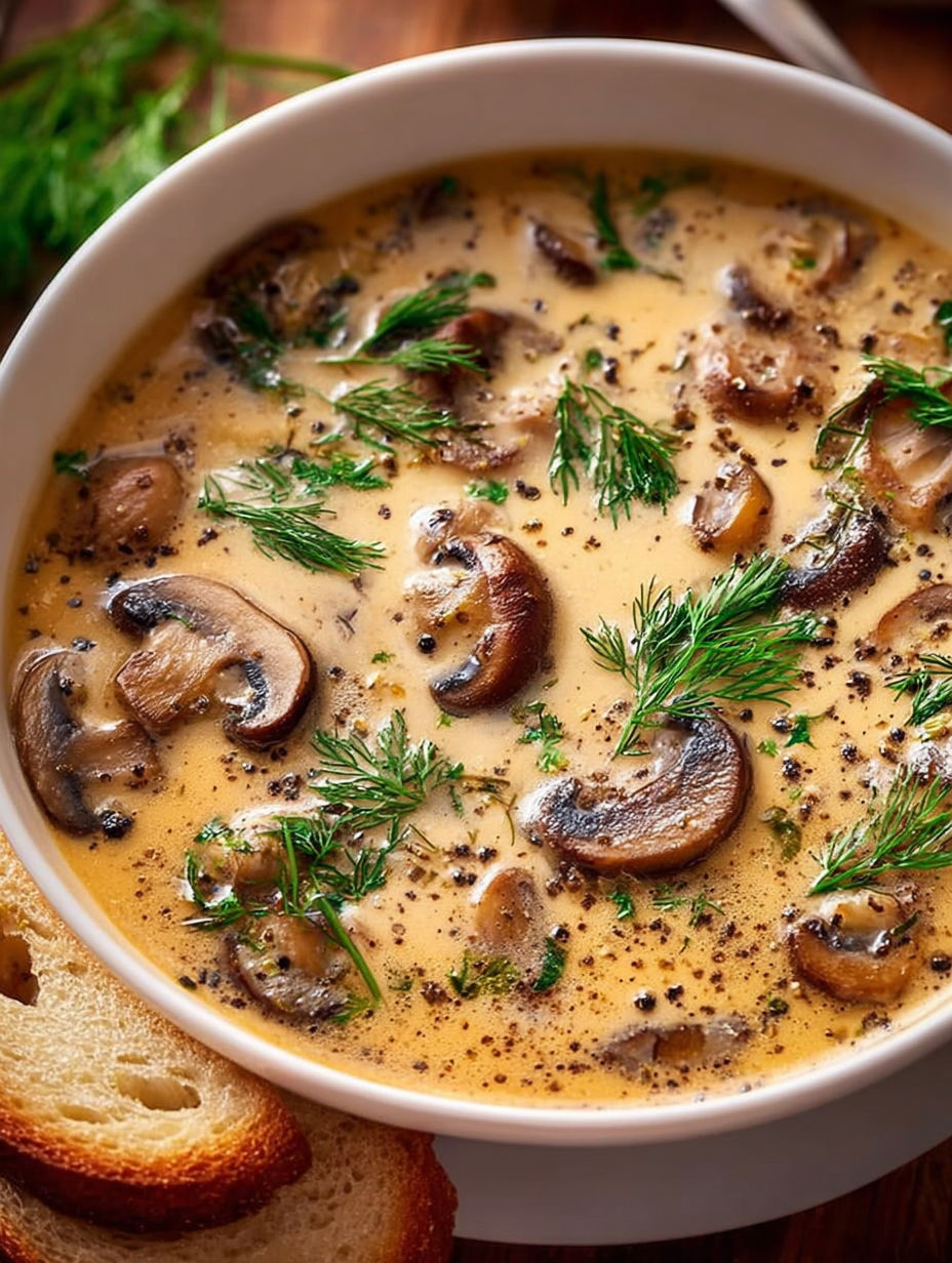 A bowl of soup with mushrooms and herbs.
