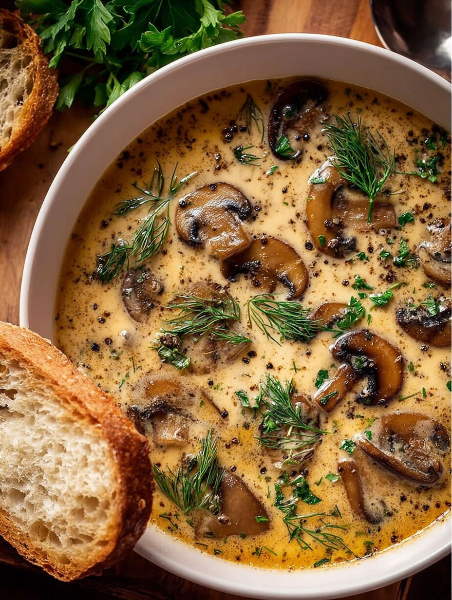 A bowl of soup with mushrooms and herbs.