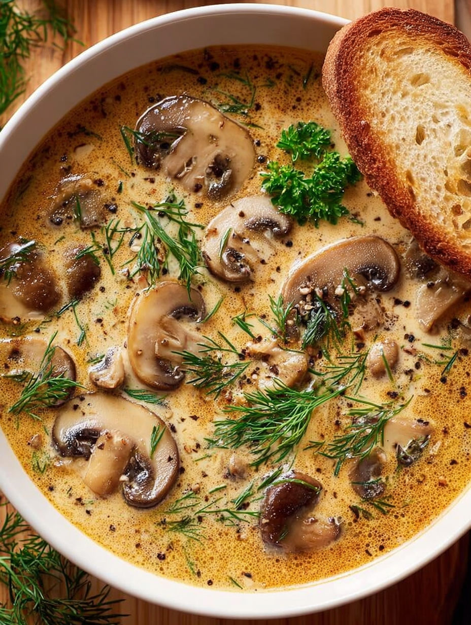 A bowl of mushroom soup with herbs.