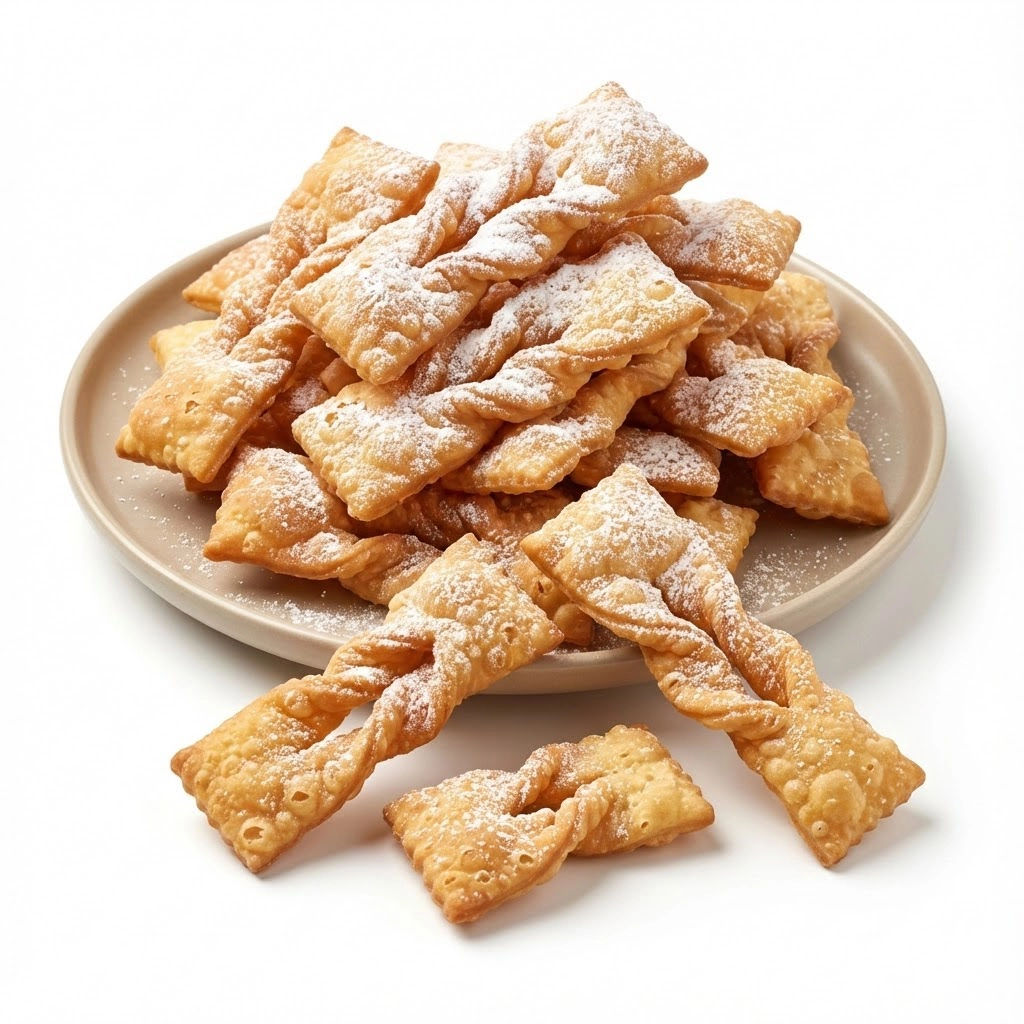 A plate of faworki with powdered sugar.