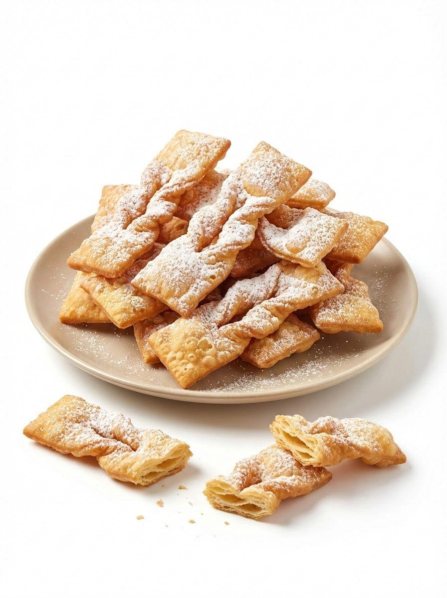 A plate of faworki with powdered sugar on top.