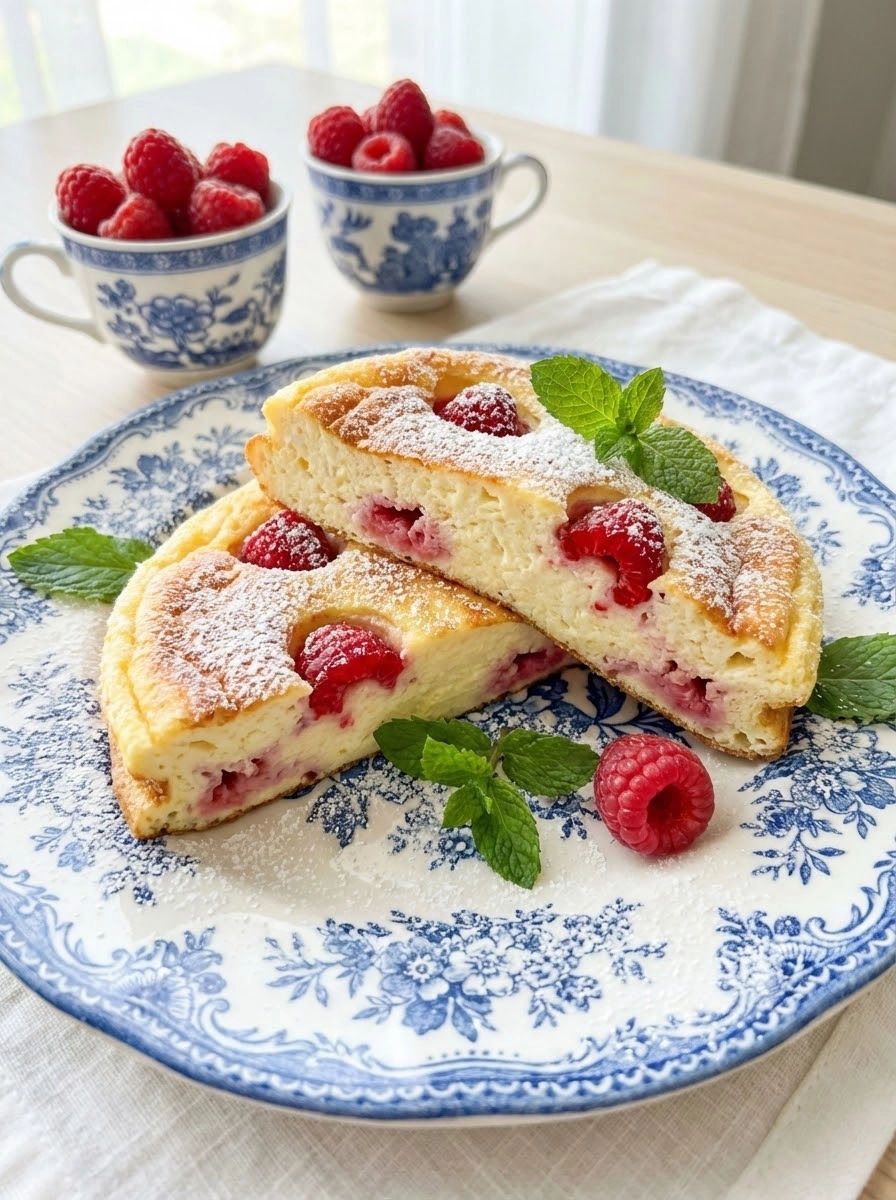 A slice of a dessert with raspberries on top.