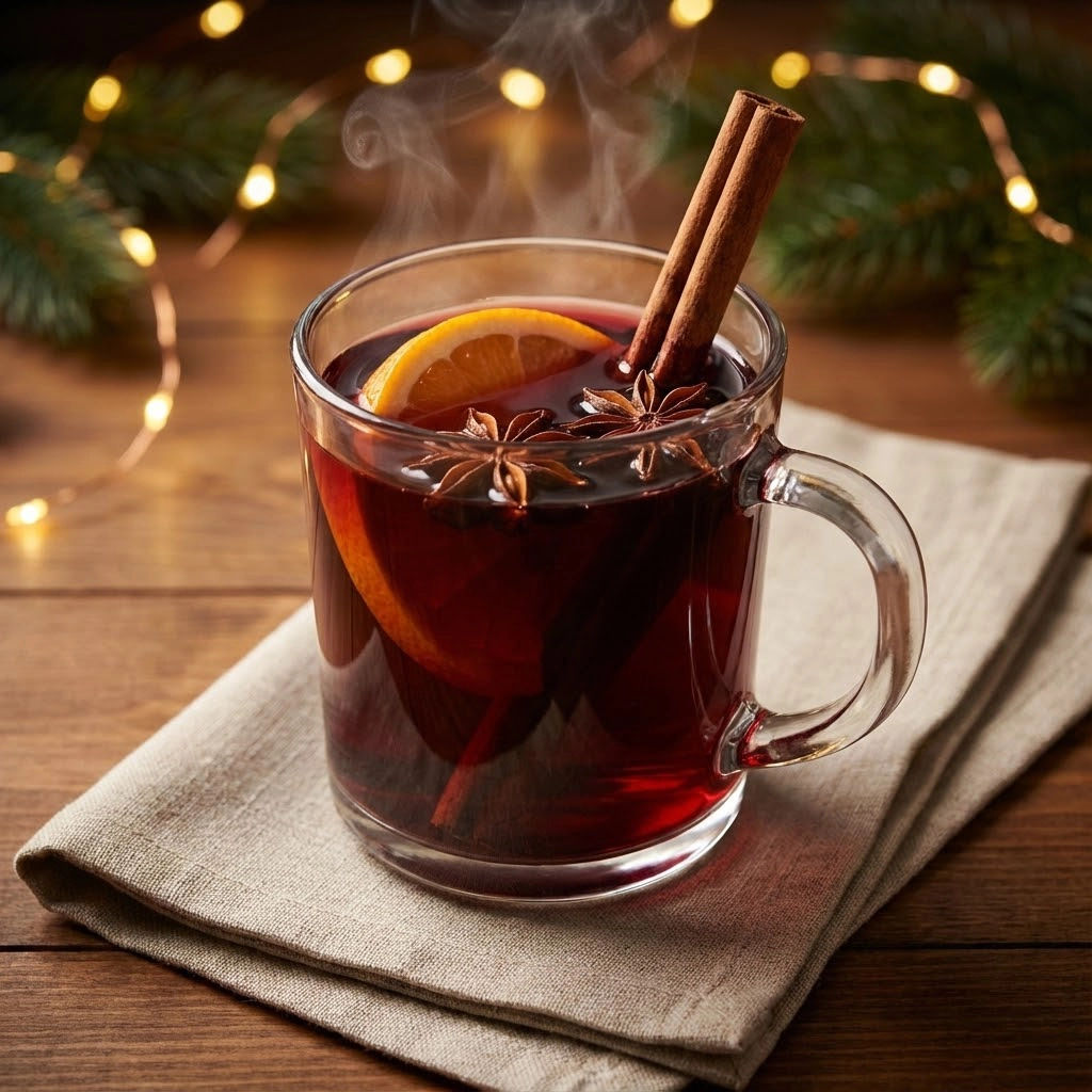 A glass of red wine with a slice of orange and cinnamon.