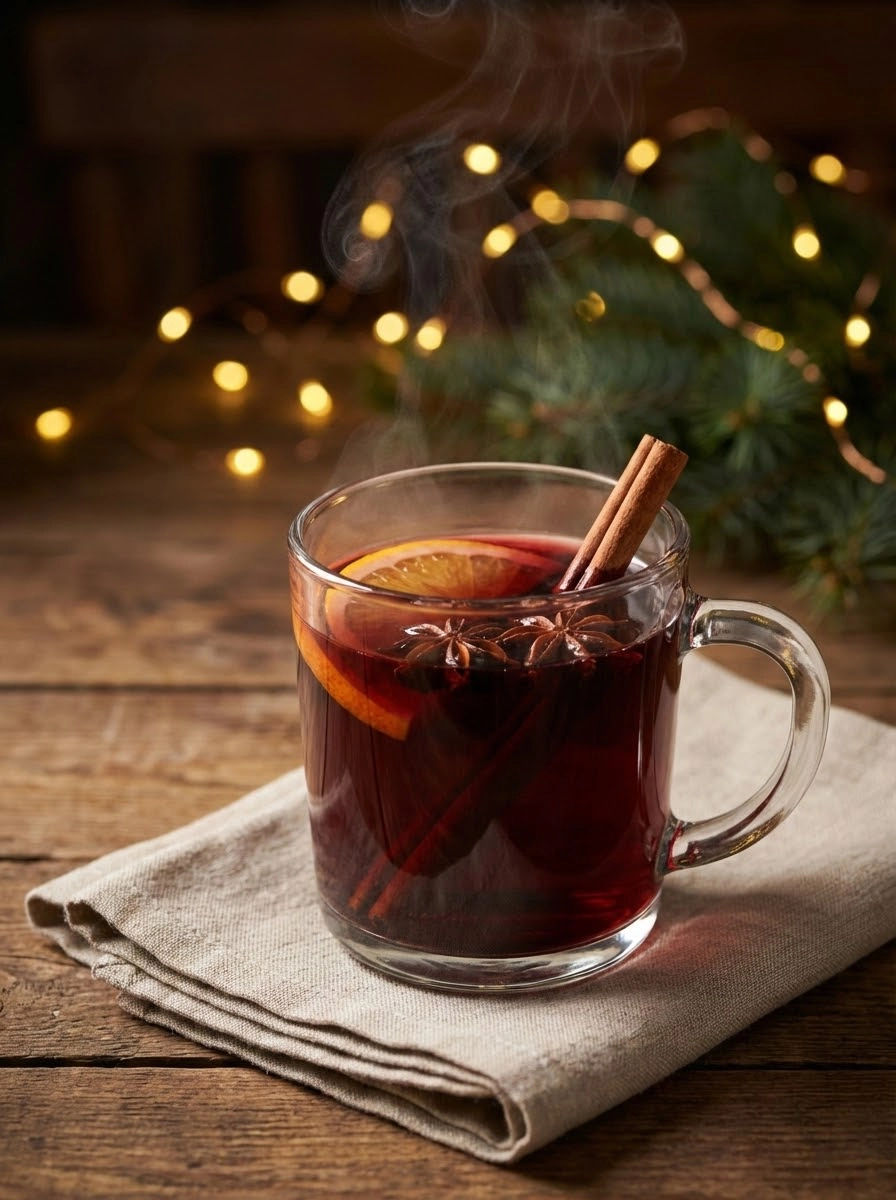 A glass of red wine with a slice of orange and cinnamon.