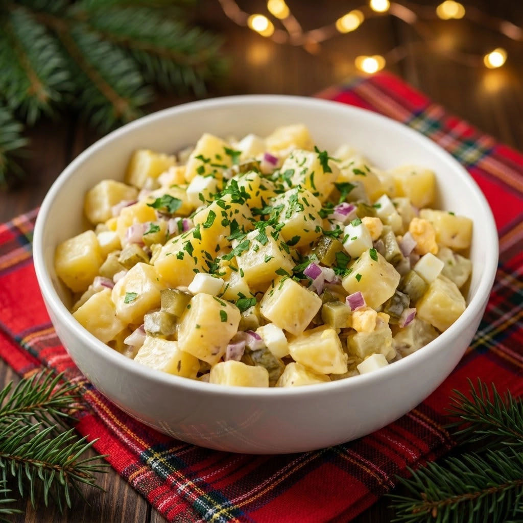A bowl of salad with potatoes, onions, and parsley.