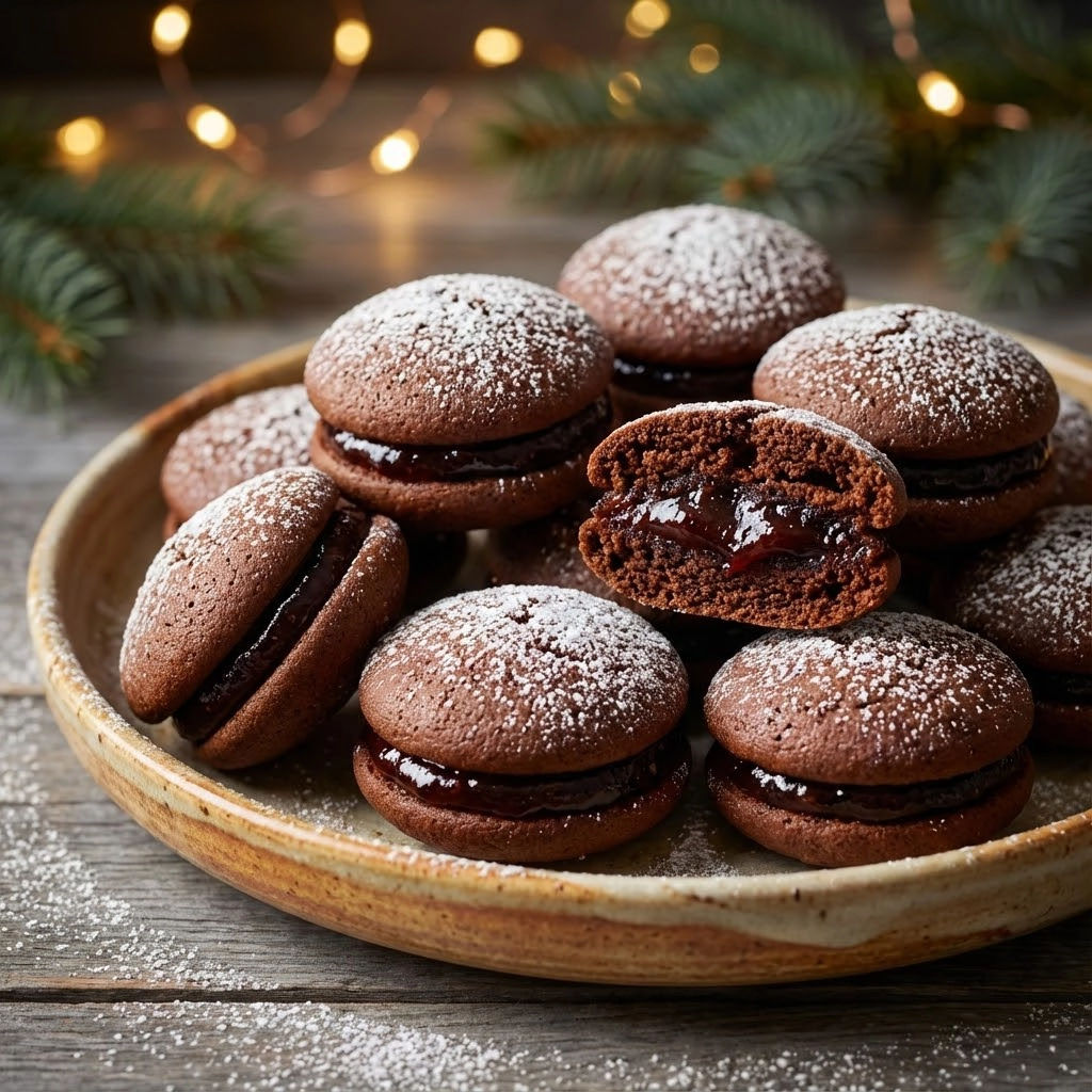 A plate of powidłami covered chocolate pastries.
