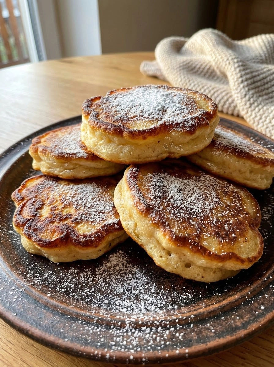 A plate of powdered pastries on a table.