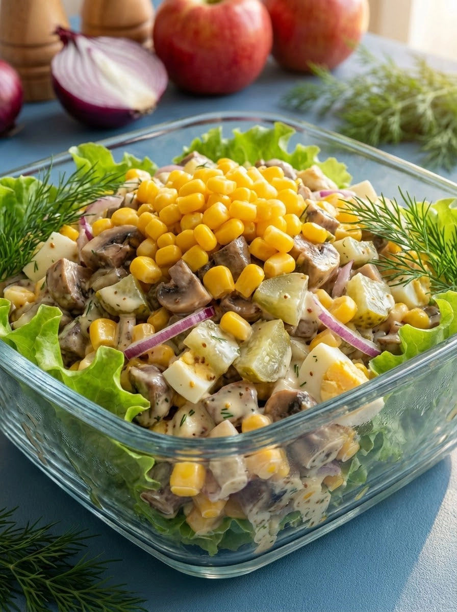 A salad with mushrooms and corn.