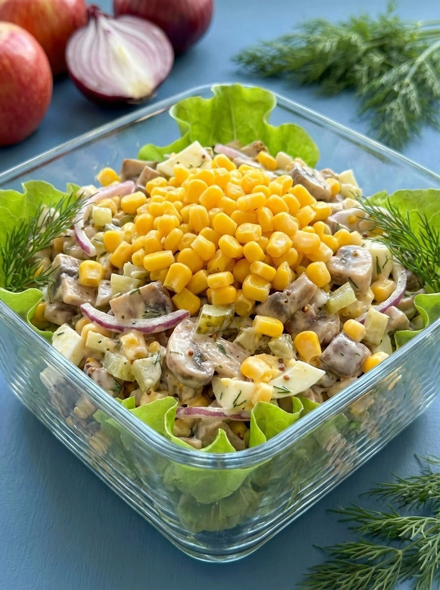 A salad with corn and mushrooms.