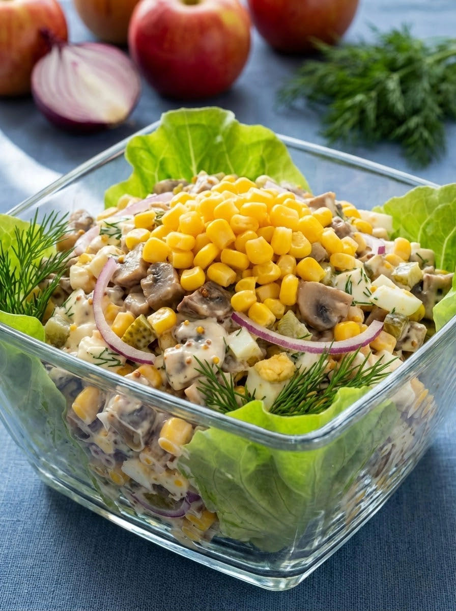 A salad with mushrooms and corn.
