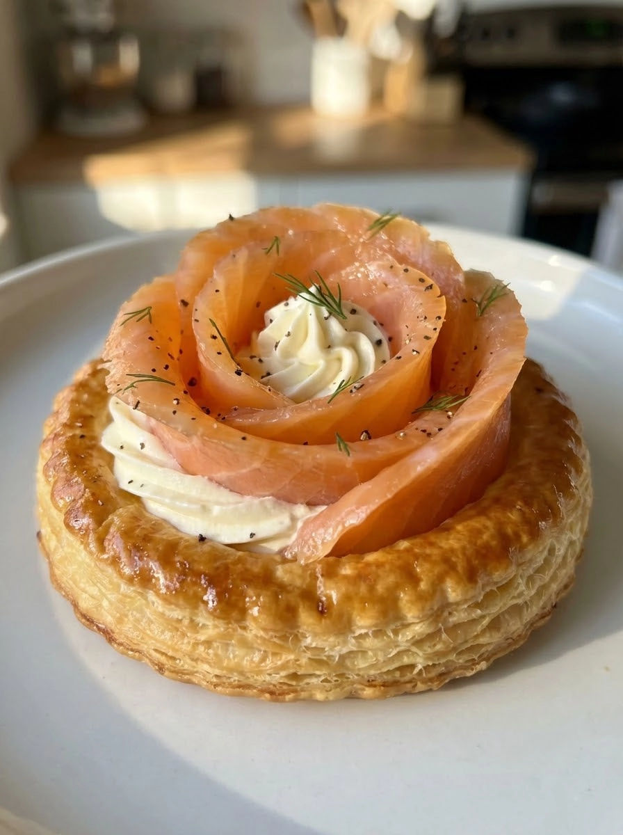 A pastry with a salmon roll in it.
