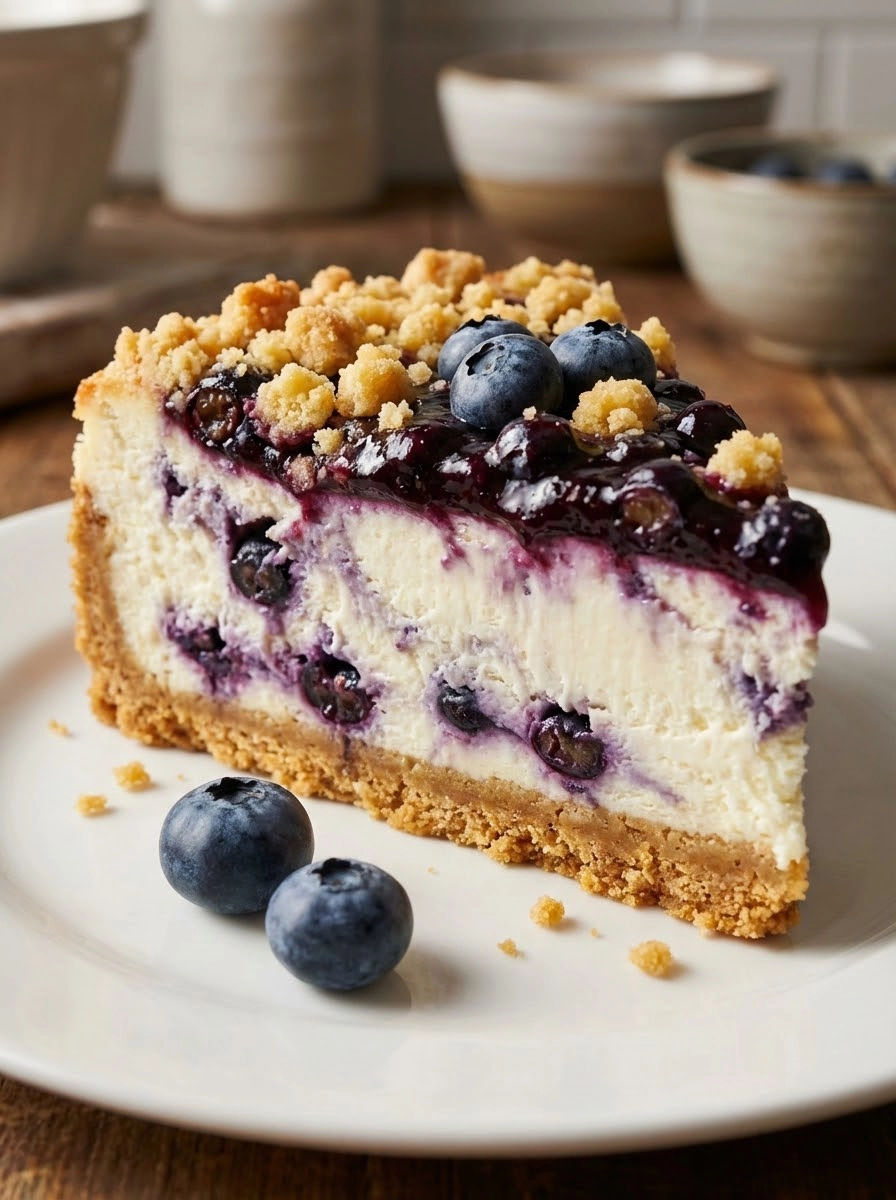 A slice of cheesecake with blueberries on top.