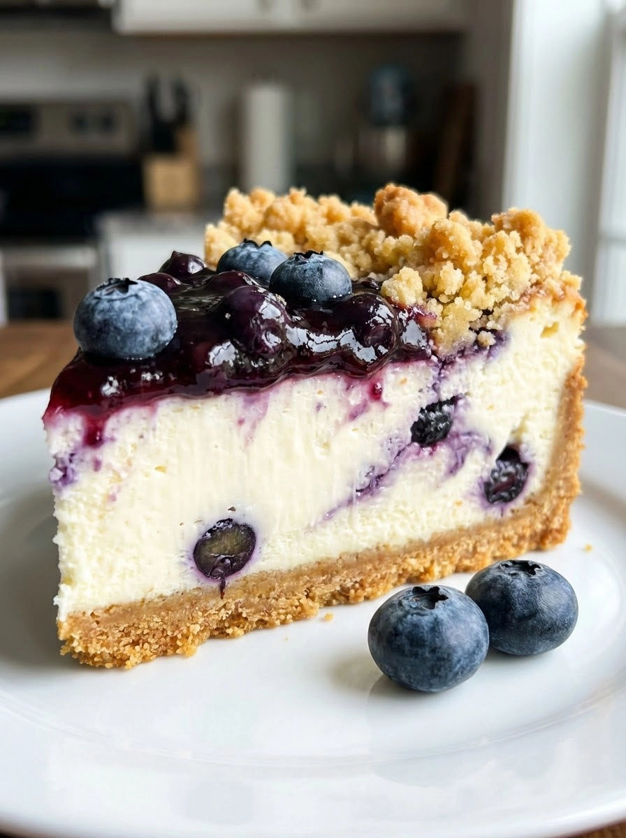 A slice of cheesecake with blueberries on top.