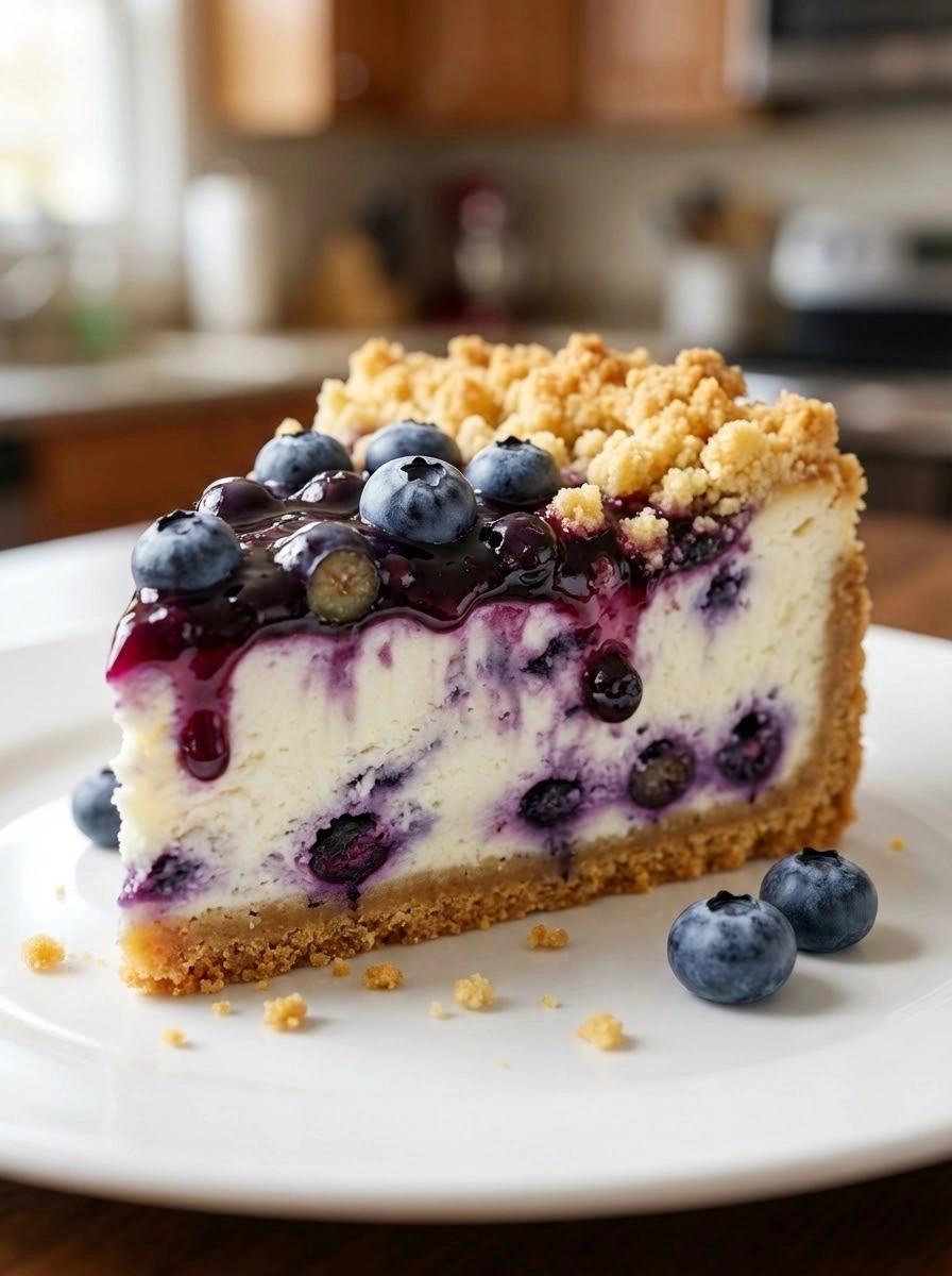 A slice of cake with blueberries on top.