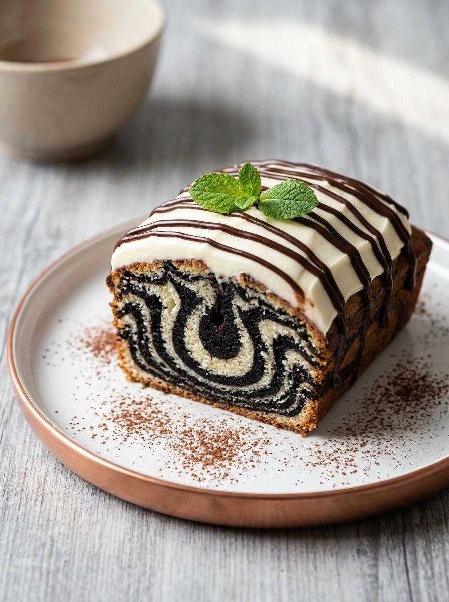 A slice of zebra cake with chocolate stripes.
