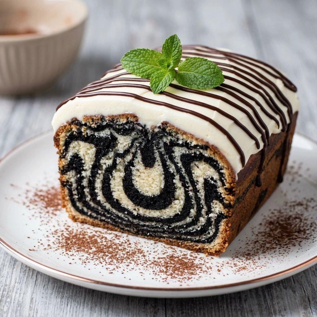 A slice of zebra cake with chocolate stripes.