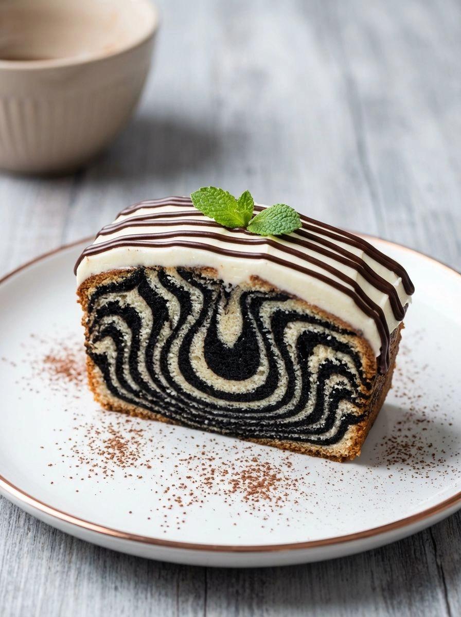 A slice of zebra cake with chocolate stripes.