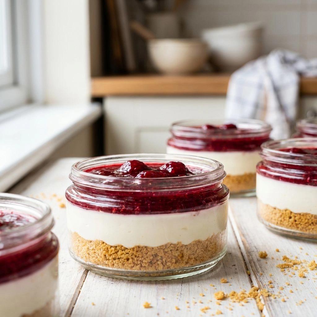 A table with four jars of desserts.