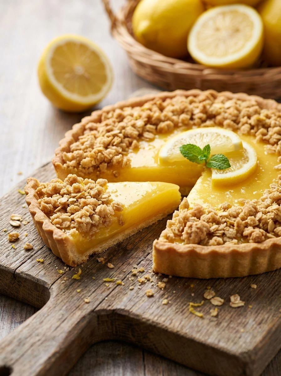 A slice of lemon tart with a lemon wedge on top.