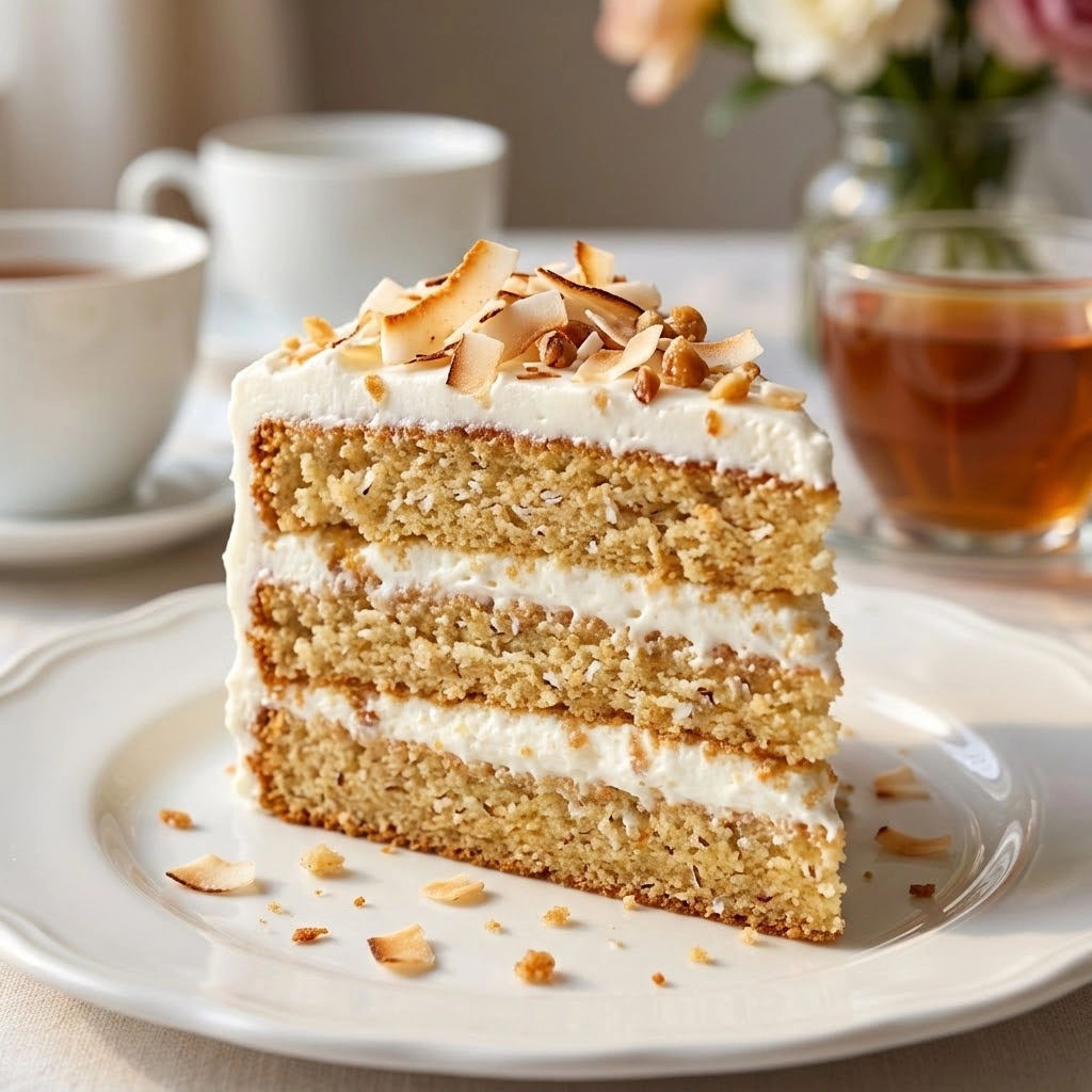 A slice of cake with coconut on top.