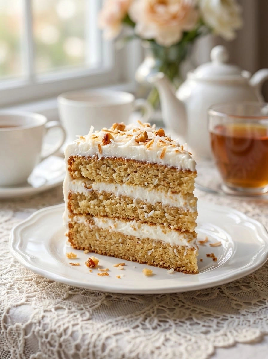 A slice of cake with white frosting and coconut on a plate.