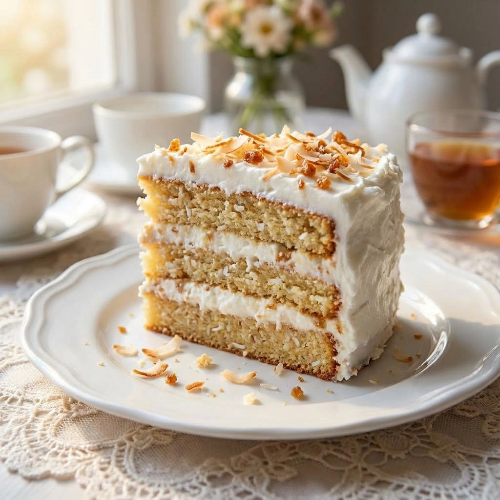 A slice of cake with white frosting and coconut on top.