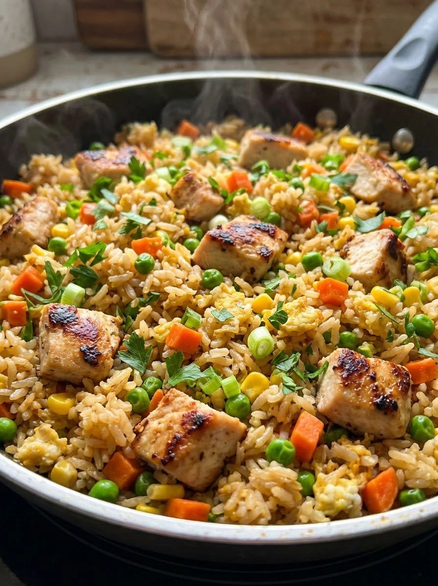 A pan of rice with meat and vegetables.