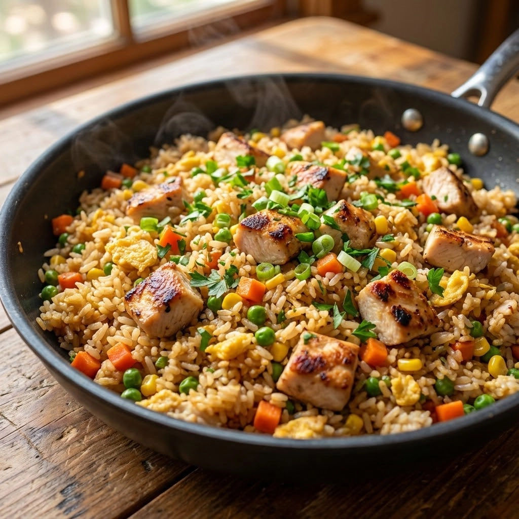 A pan of rice with chicken and vegetables.