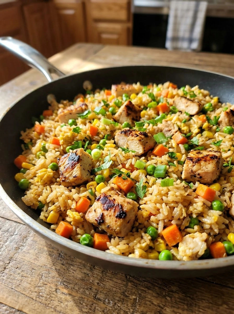 A pan of rice with chicken and vegetables.