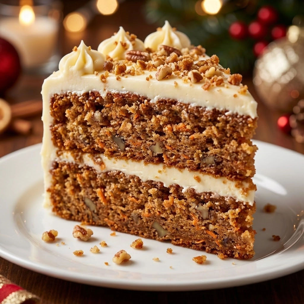 A slice of carrot cake with cream cheese frosting.