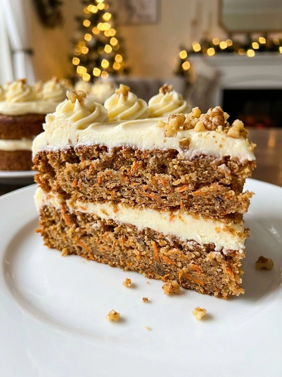 A slice of carrot cake with cream cheese frosting.