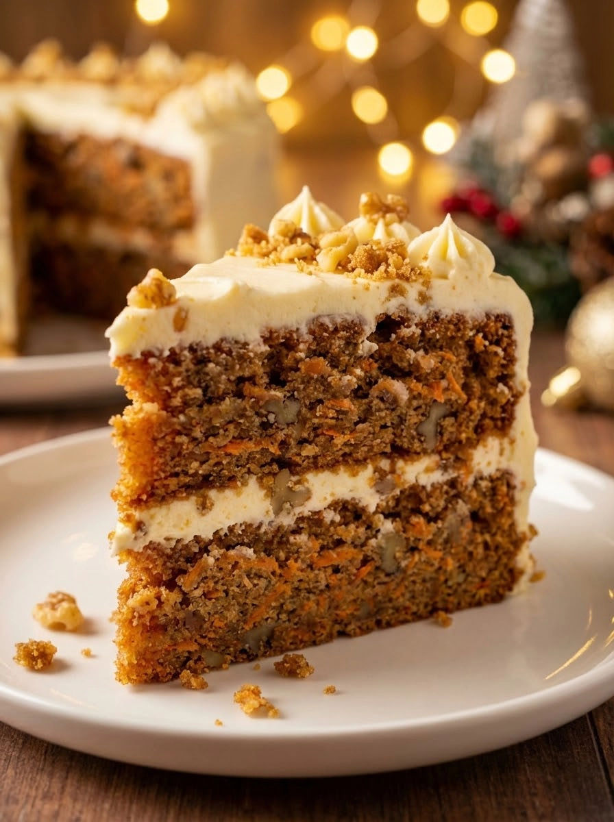 A slice of carrot cake with cream cheese frosting.