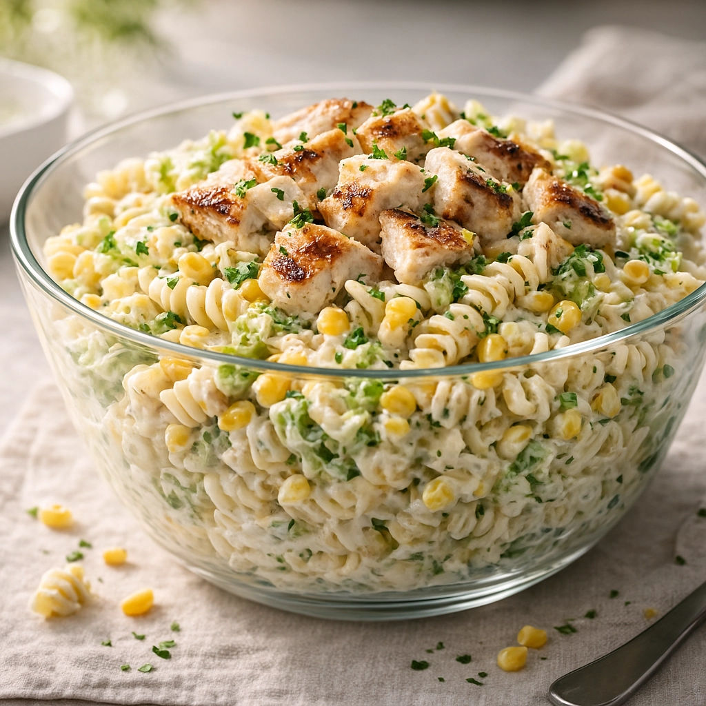 A bowl of pasta with chicken and corn.