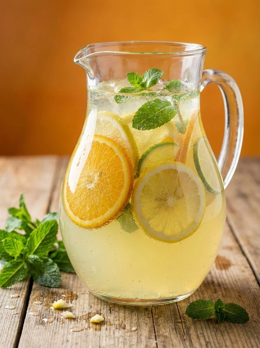 A glass of lemonade with lemon slices in it.