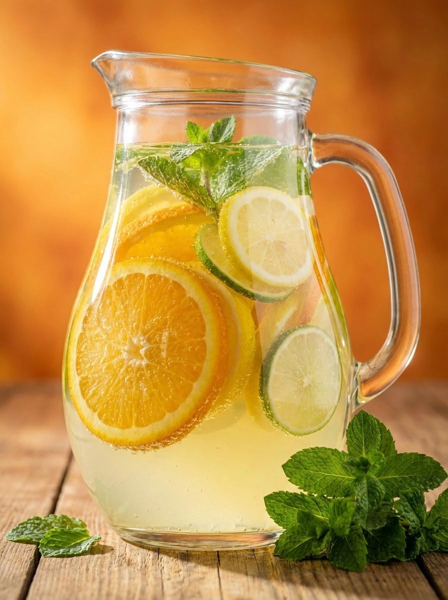 A glass of lemonade with sliced lemons and mint.