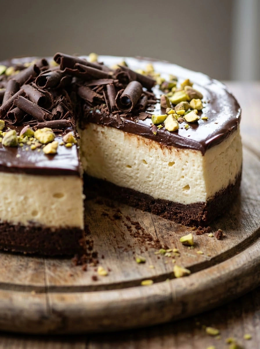 A slice of cake with chocolate and nuts.