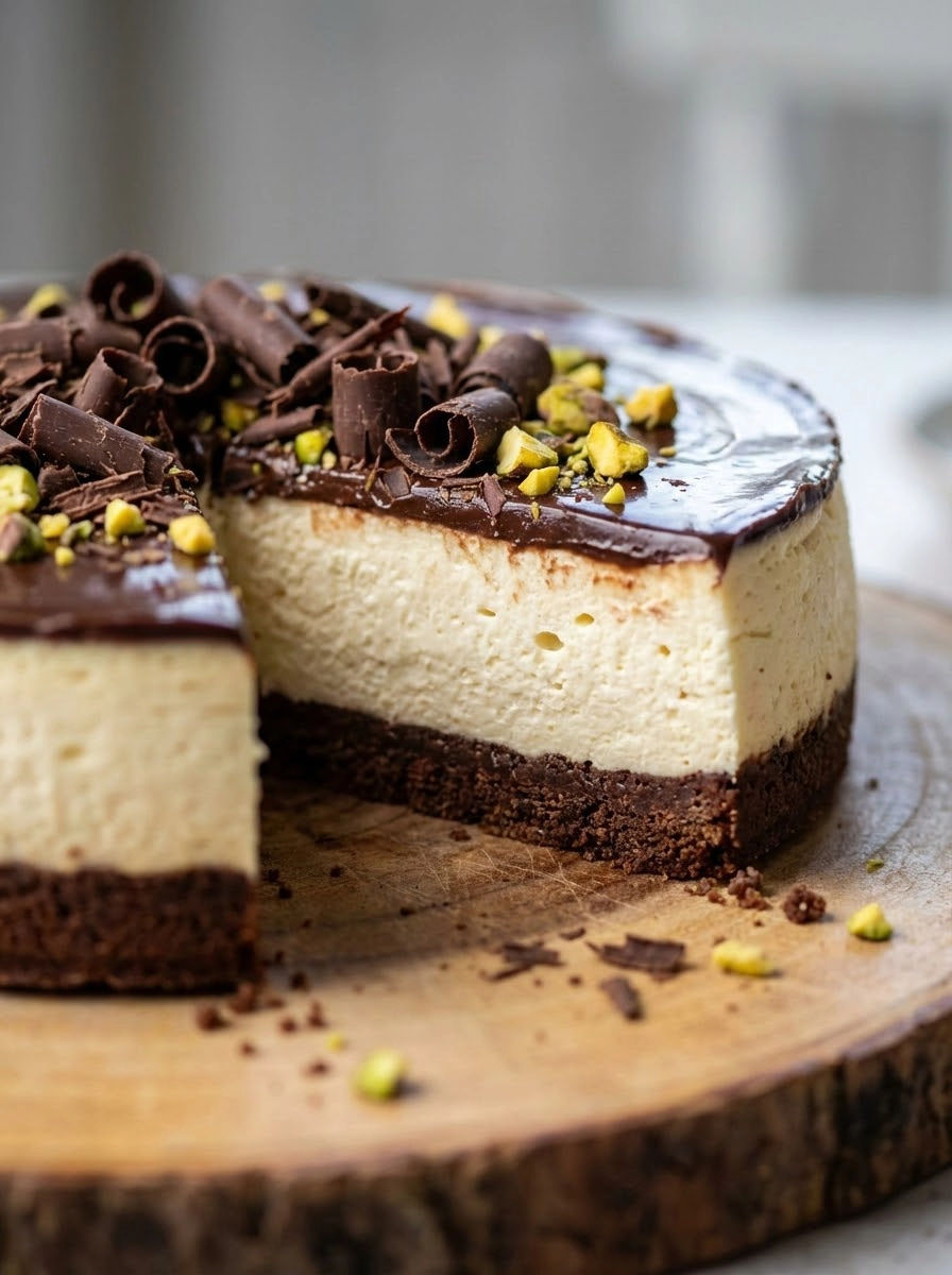 A slice of cake with chocolate and nuts on top.