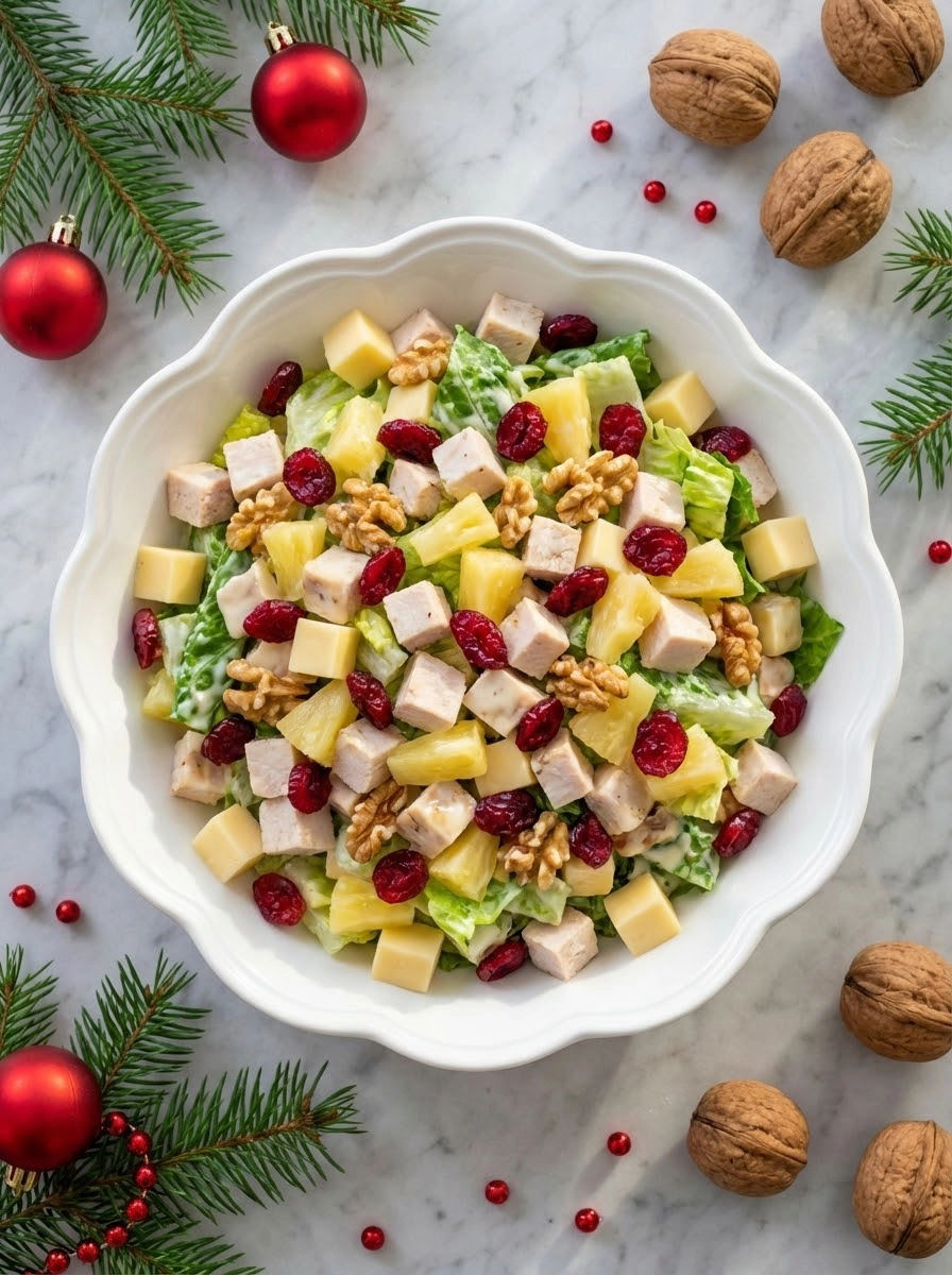 A bowl of salad with chicken, pineapple, and walnuts.
