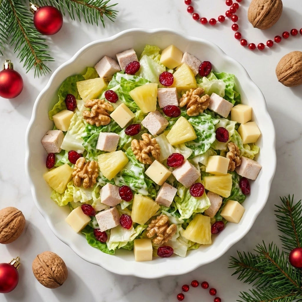 A salad with pineapple, walnuts, and cranberries.