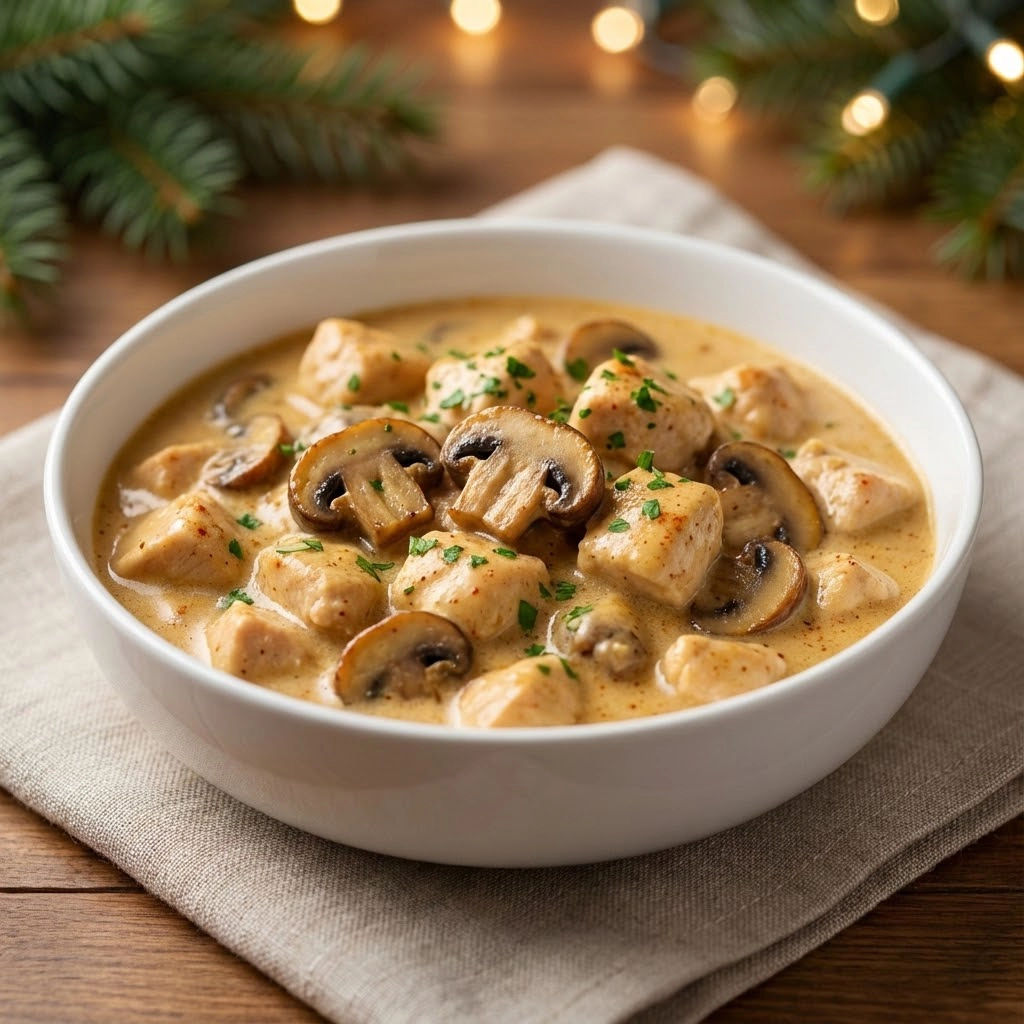 A bowl of chicken soup with mushrooms and herbs.