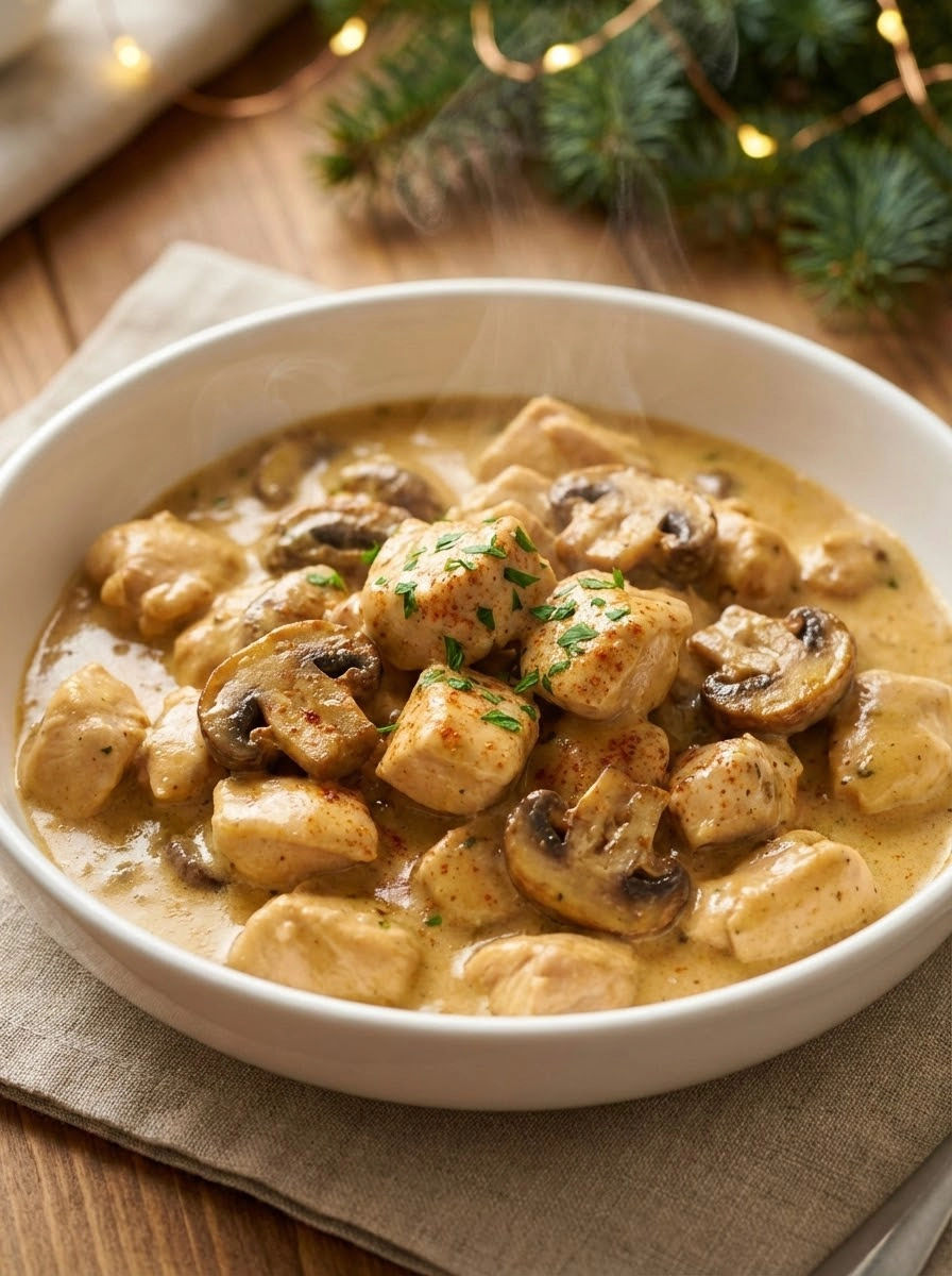 A bowl of chicken and mushroom soup.