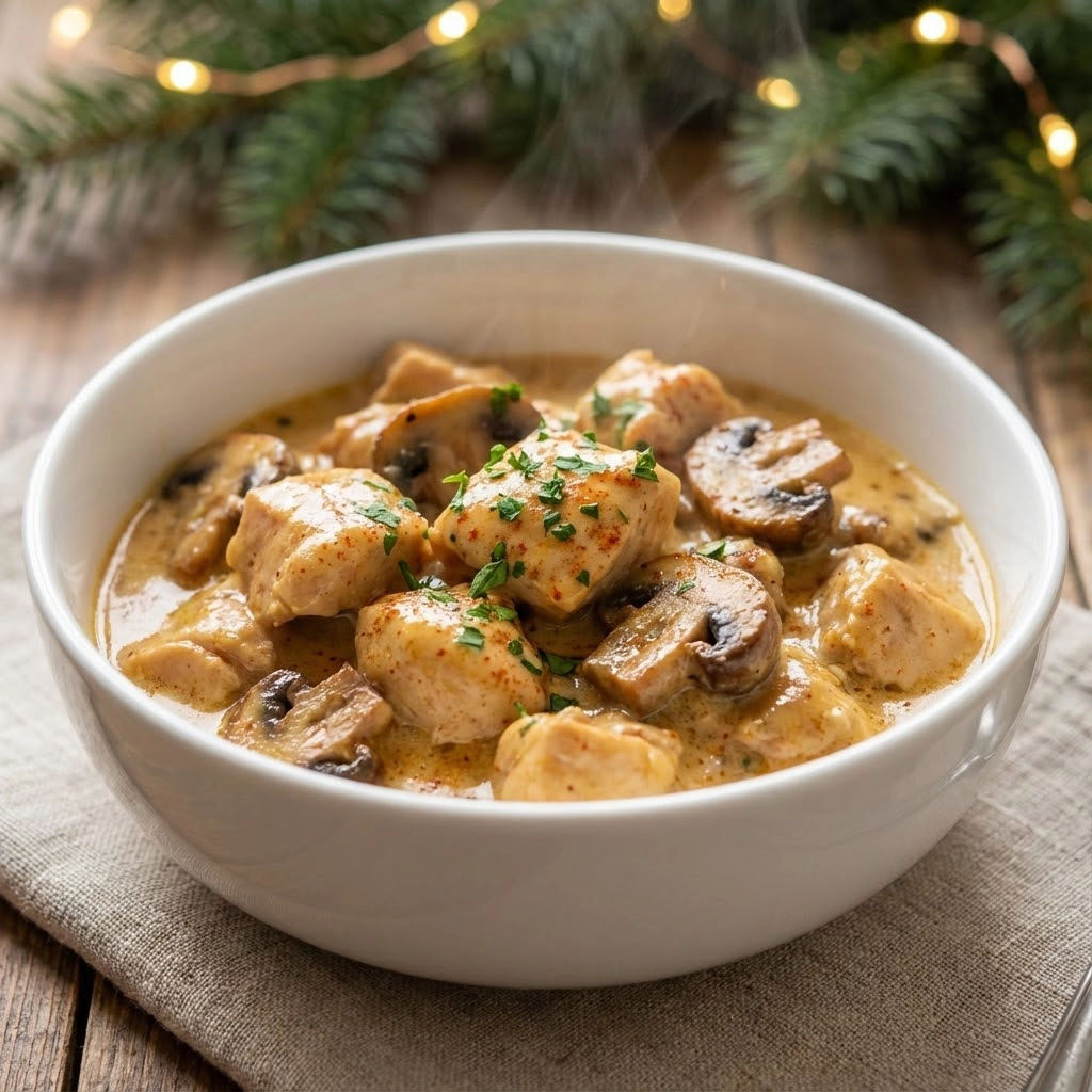 A bowl of chicken soup with mushrooms and herbs.